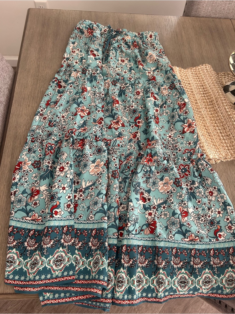 Tiered Floral Maxi Skirt in Teal and Red